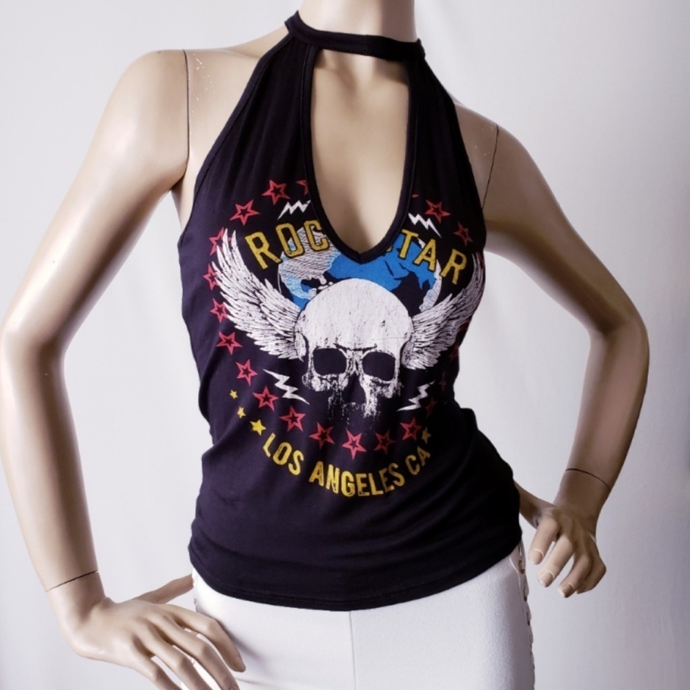 J Story Skull Print Choker Deep V- Neck Top